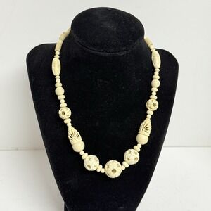 Vintage Faux Ivory Resin Carved Bead Statement Necklace 16 Inch Barrel Clasp